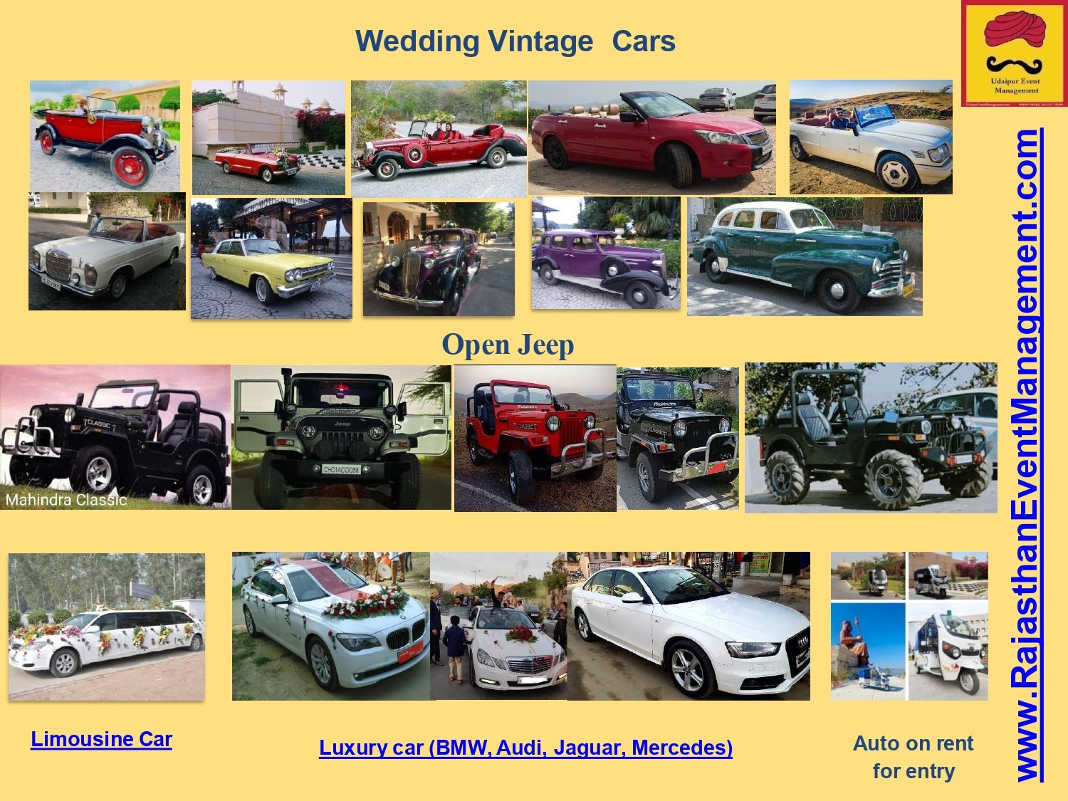 Wedding Vintage Cars, Limousine, Luxury & Jeep Entry